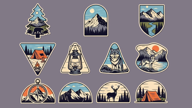 Collection of adventure themed badges featuring wildlife, nature, and outdoor camping