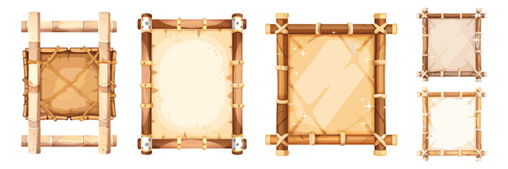 Cute cartoon bamboo frames with wooden boards and parchment paper, tribal jungle style, soft shading, 2D digital illustration, casual game art.