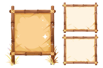 Fantasy jungle notice boards, bamboo structure, wooden planks and parchment texture, decorative grass, simple vector art style