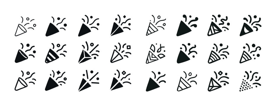 Set of celebration cone icons with confetti in various styles