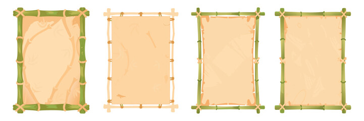 Green bamboo frame with parchment center, rope-tied corners, cartoon vector