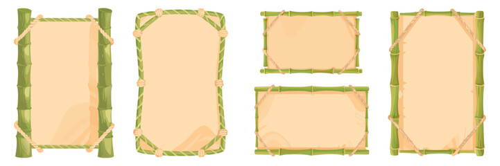 Green bamboo signboards with rope bindings, soft shading, vector illustration