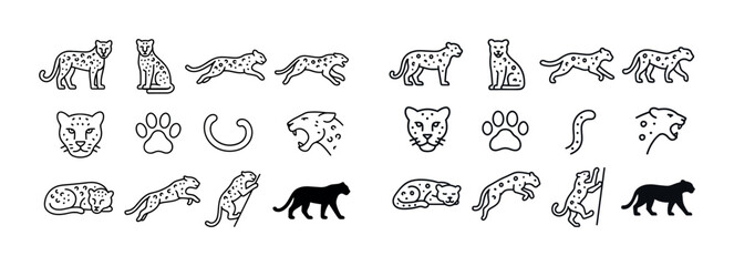 Cheetah icons set: various poses and movements in outline style