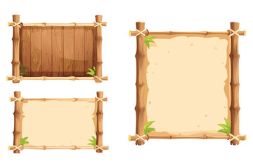 Hand-drawn bamboo frames with wooden panels and parchment paper, jungle aesthetic, rope bindings on corners, bright colors, 2D vector art, mobile game interface elements.