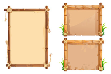 Jungle-themed UI panels made of bamboo and wood, rope knots on corners, grass sprouting around edges, colorful cartoon vector style, clean and minimal background