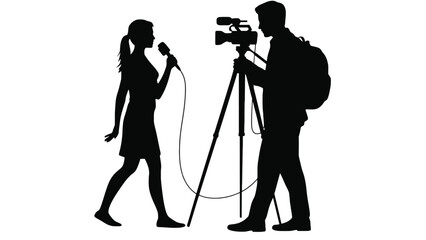 Silhouette of journalist and cameraman working together