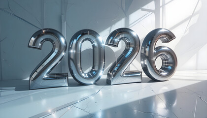 Chrome numbers with light reflections on a cracked white floor metallic silver