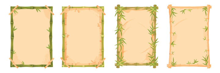 Nature-themed bamboo borders holding parchment sheets, flat design