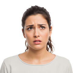 Fototapeta premium A woman with her mouth open and an eyebrow raised, looking surprised or puzzled over a white backdrop.