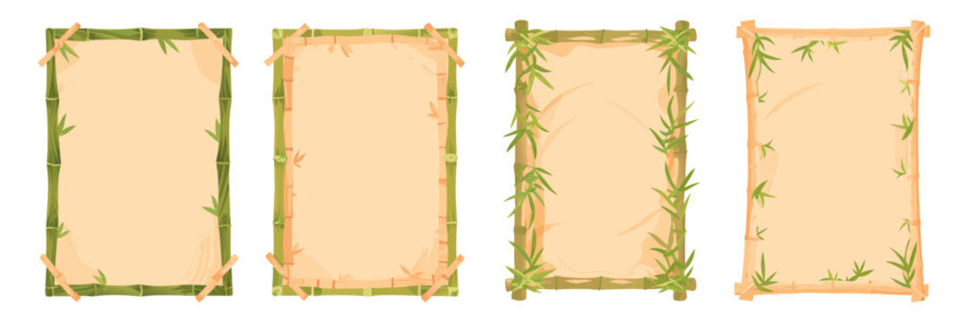 Nature-themed bamboo borders holding parchment sheets, flat design