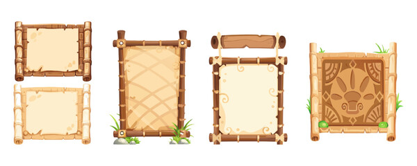 Whimsical jungle signboards made from bamboo and wood, parchment panel, grassy details, clean cartoon vector illustration for mobile game interface.