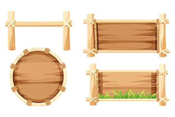 Wooden sign with bamboo frame, rope corners, grass accents, 2D illustration