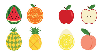 A bright and fresh collection of various fruits, presented whole and sliced, including watermelon, orange, apple, pineapple, lemon, and peach, for healthy eating.