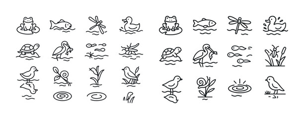 Obraz premium Line drawing collection of pond animals and plants