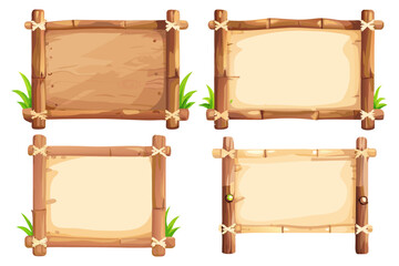 Wooden signboards framed with bamboo sticks, tied rope details, tropical grass accents, flat vector design, bright and friendly cartoon look.