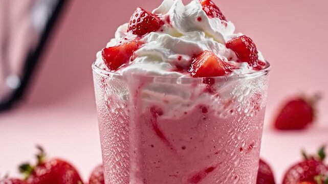 Close-up of a frosty strawberry milkshake with whipped cream, fresh berries, and syrup pour