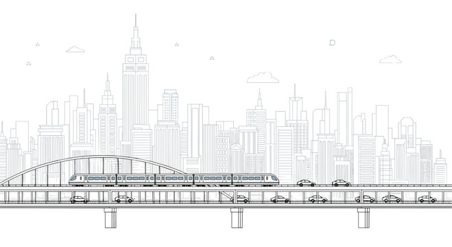 A detailed line art illustration of a bustling city skyline, featuring modern skyscrapers and an elevated bridge with a train and cars, depicting urban infrastructure.