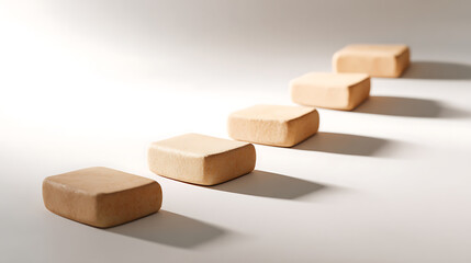 A minimalist arrangement of square wooden blocks ascending on a white surface, shadows emphasize depth, neutral tones evoke calm. Perfect for conceptual imagery and design.