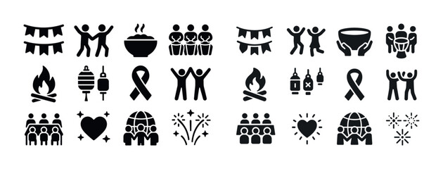 Celebration icon set featuring people, food, and festivities