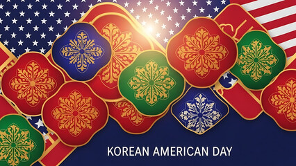 Korean American Day Celebration Banner with Decorative Pattern and Flags