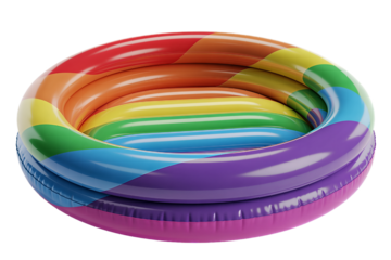 A vibrant rainbow-striped inflatable kiddie pool with multiple rings, perfect for summer fun and water play, isolated on a white background.