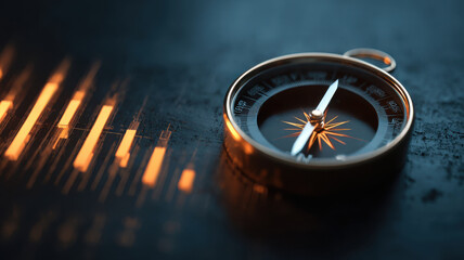 A compass on a dark surface indicating direction, with abstract lines