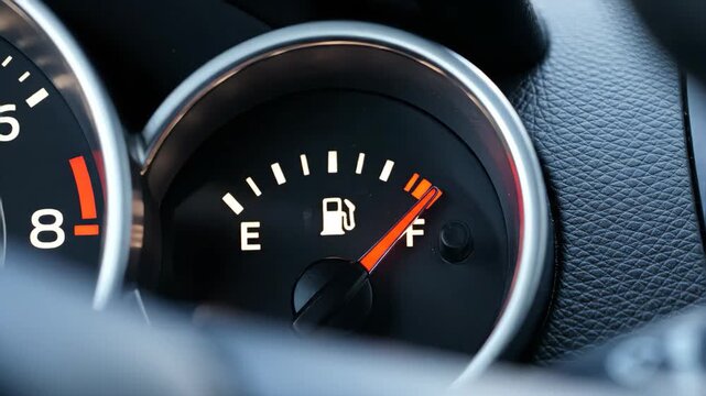 Car fuel gauge needle rising to full after filling up tank. Close-up of dashboard instrument panel showing gas level increasing. Refueling concept