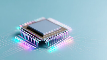 Close-up view of a computer chip with colorful details and circuitry