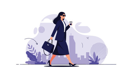 A confident and stylish business woman walking gracefully through a modern city landscape, holding a briefcase and a coffee cup.
