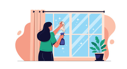 A woman diligently cleaning a sparkling window with a spray bottle and cloth, depicting domestic chores and home maintenance.
