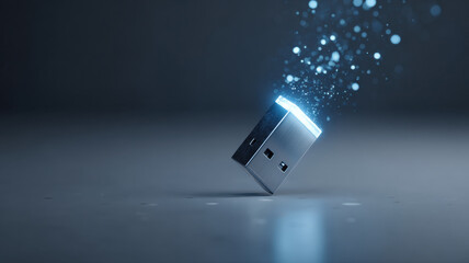 A USB Flash drive with light particles and a futuristic look. The drive is lit with a cool blue glow, creating a sense of innovation and technology