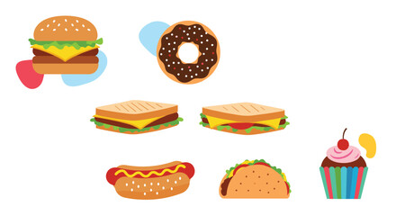 A delectable collection of popular fast food items and sweet treats, including a burger, donut, sandwiches, hot dog, taco, and cupcake.