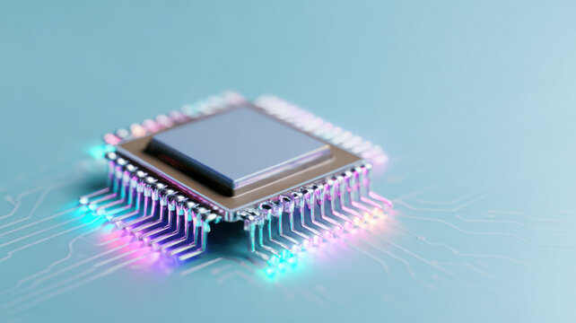 Close-up view of a computer chip with colorful details and circuitry - Powered by Adobe