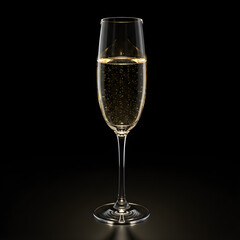 Elegant crystal champagne glass with soft reflection on black surface 