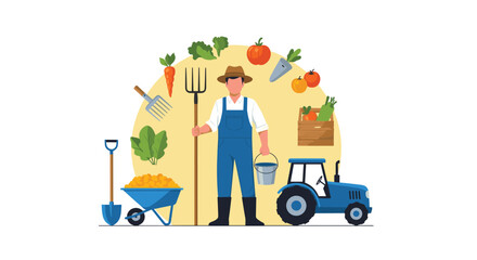 A cheerful farmer standing proudly with a pitchfork and bucket, surrounded by fresh vegetables, a wheelbarrow, and a tractor.