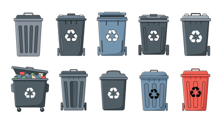 A comprehensive collection of various trash cans and recycling bins, some filled with waste, depicting waste management and sustainability.