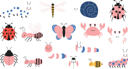 Large collection of cute insect icons featuring kawaii ladybugs butterflies caterpillars and garden creatures for children education and nursery pattern design © Rubya
