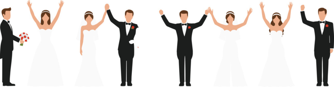 Wedding ceremony celebration illustration with bride and groom couples raising hands together, romantic marriage event scene illustrated in clean flat vector style isolated on white background