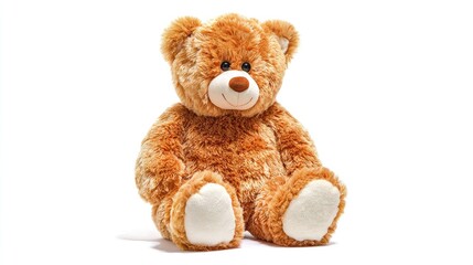 Obraz premium Cuddly brown stuffed animal toy sits facing forward against a bright white background