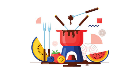 A delectable chocolate fondue pot with an assortment of fresh fruits, including melon, strawberries, blueberries, and orange slices, with forks.