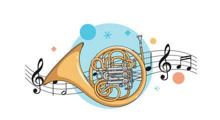A beautifully rendered French horn, accompanied by flowing musical notes and abstract geometric shapes, symbolizing classical music.