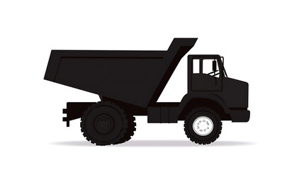 A black dump truck is parked on a white surface. It has large wheels and an open bed, suggesting its use in construction or material transport. Flat design for simple concept.