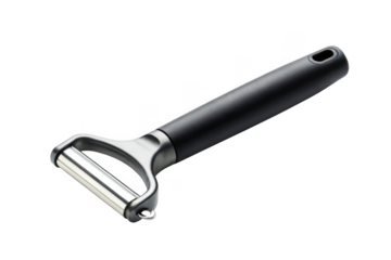 Black handle swivel head vegetable peeler isolated on transparent background