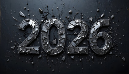 Shattered numbers on dark background with debris year new year
