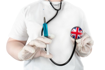 A healthcare worker holds a syringe with a vaccine and a stethoscope with a Union Jack on a transparent background. Conceptual representation of British healthcare, the National Health Service (NHS)