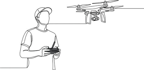 Drone pilot operating quadcopter with remote controller line art illustration showing modern aerial technology and human interaction in continuous outline vector style isolated on white background © MdRazaul