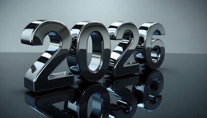 Sleek metallic numbers with a dark reflective surface year future