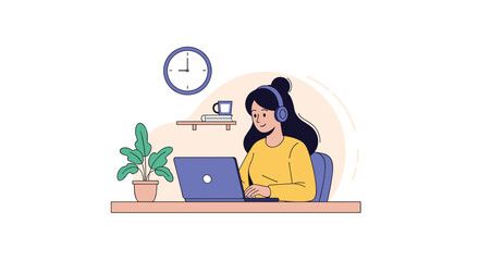 A smiling woman wearing headphones, diligently working on her laptop at a clean desk, surrounded by a plant and a clock.