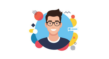 A cheerful portrait of a smiling young man with glasses, surrounded by vibrant abstract geometric shapes, symbolizing creativity.