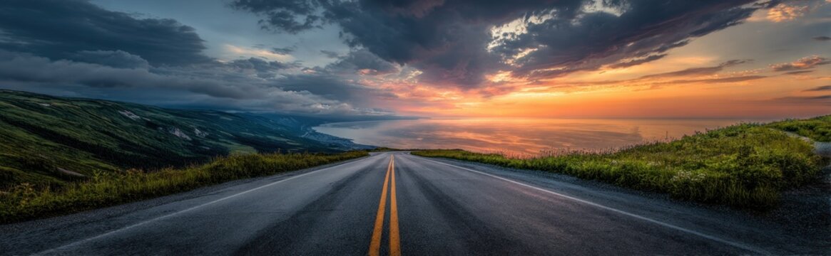 A serene asphalt road stretches through a lush valley at sunset with dramatic clouds.